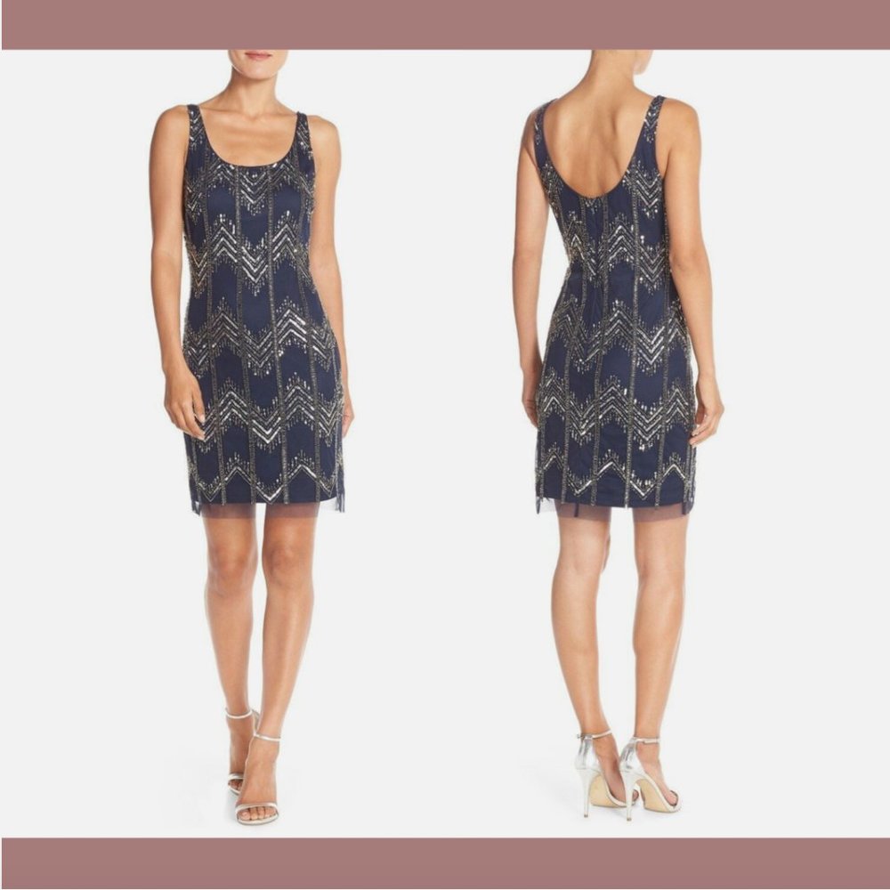 NEW $238 Adrianna Papell Chevron Beaded Mesh Tank Dress in Navy [SZ 2 ] #Q429‎